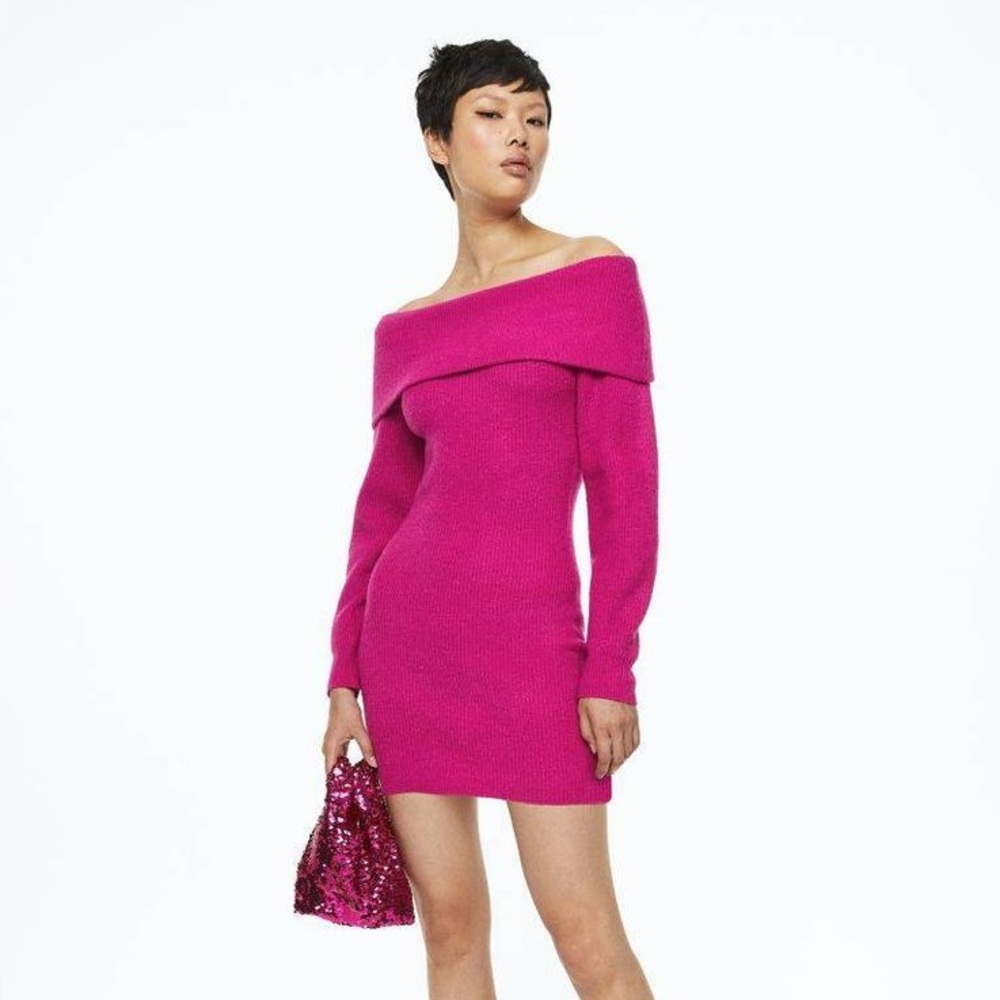73-H&M fuschia pink off shoulder knit dress